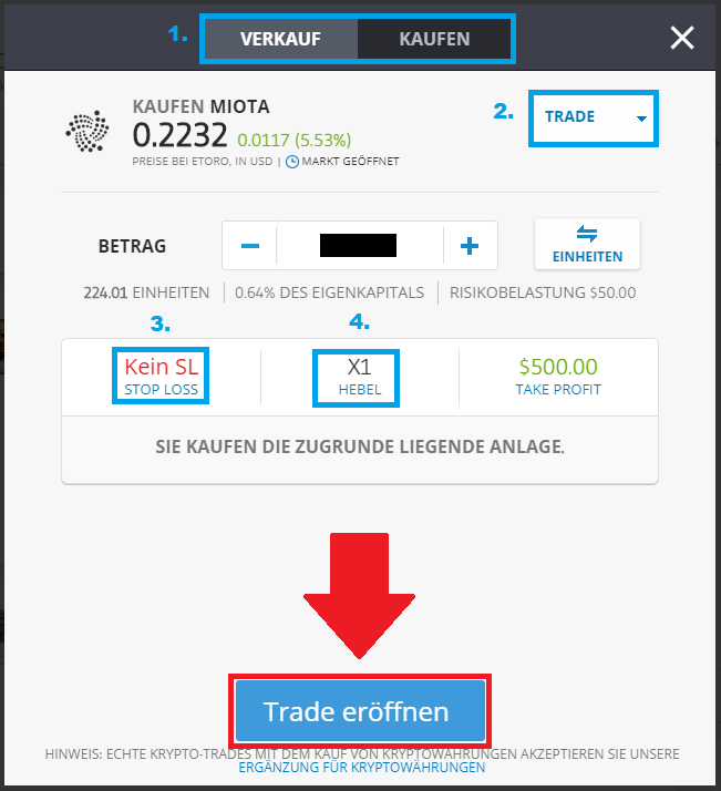 Bei eToro einen Trade platzieren, um Iota zu kaufen.