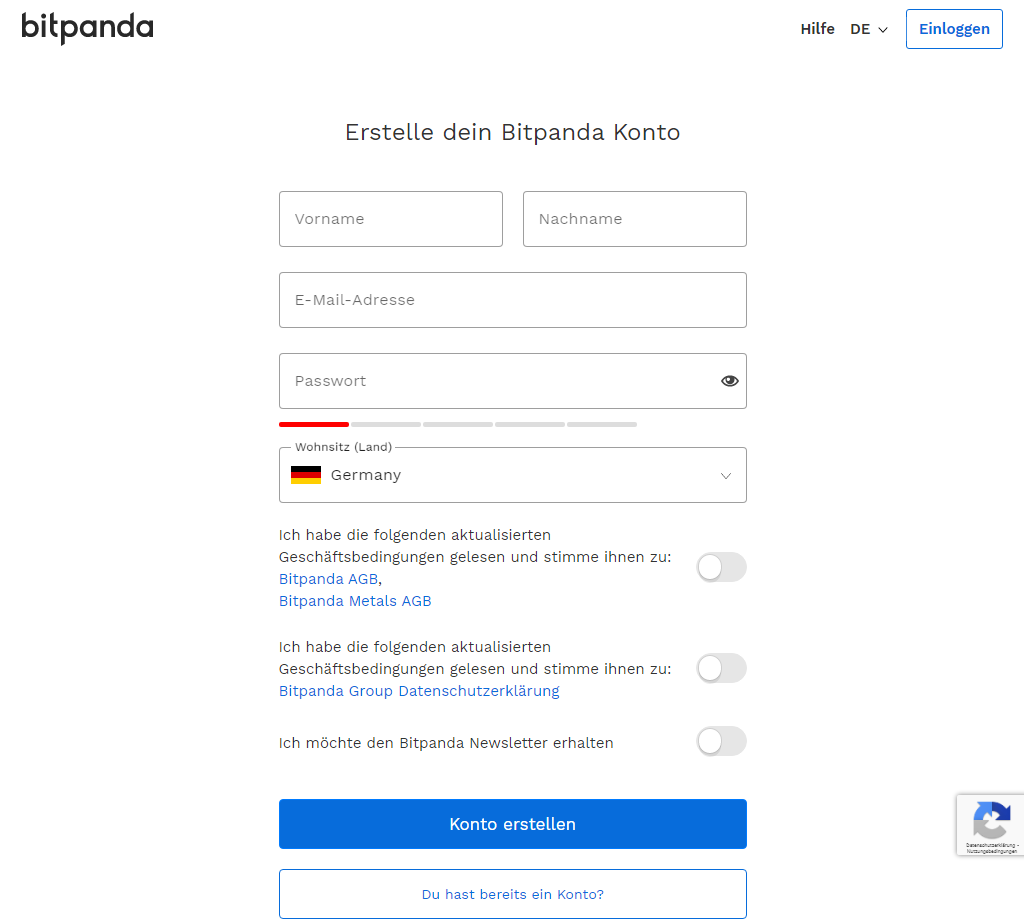 Anmeldeformular von Bitpanda